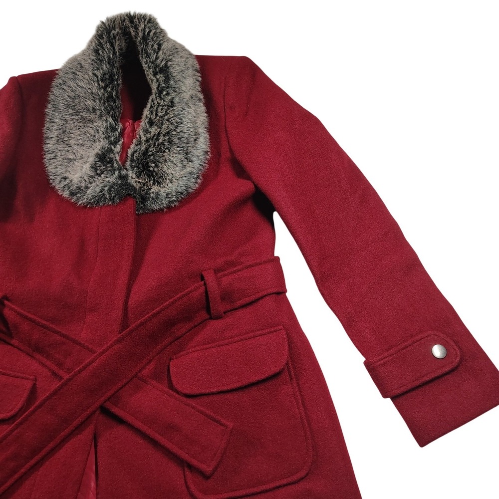 DTSARF Womens Red Wool Blend Belted Trench Coat Faux Fur Collar Burgundy 9400863 - Picture 10 of 11